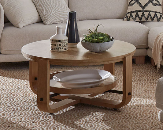 Escape - Cocktail Table Round With Shelf - Glazed Natural Oak / Black Metal Trim