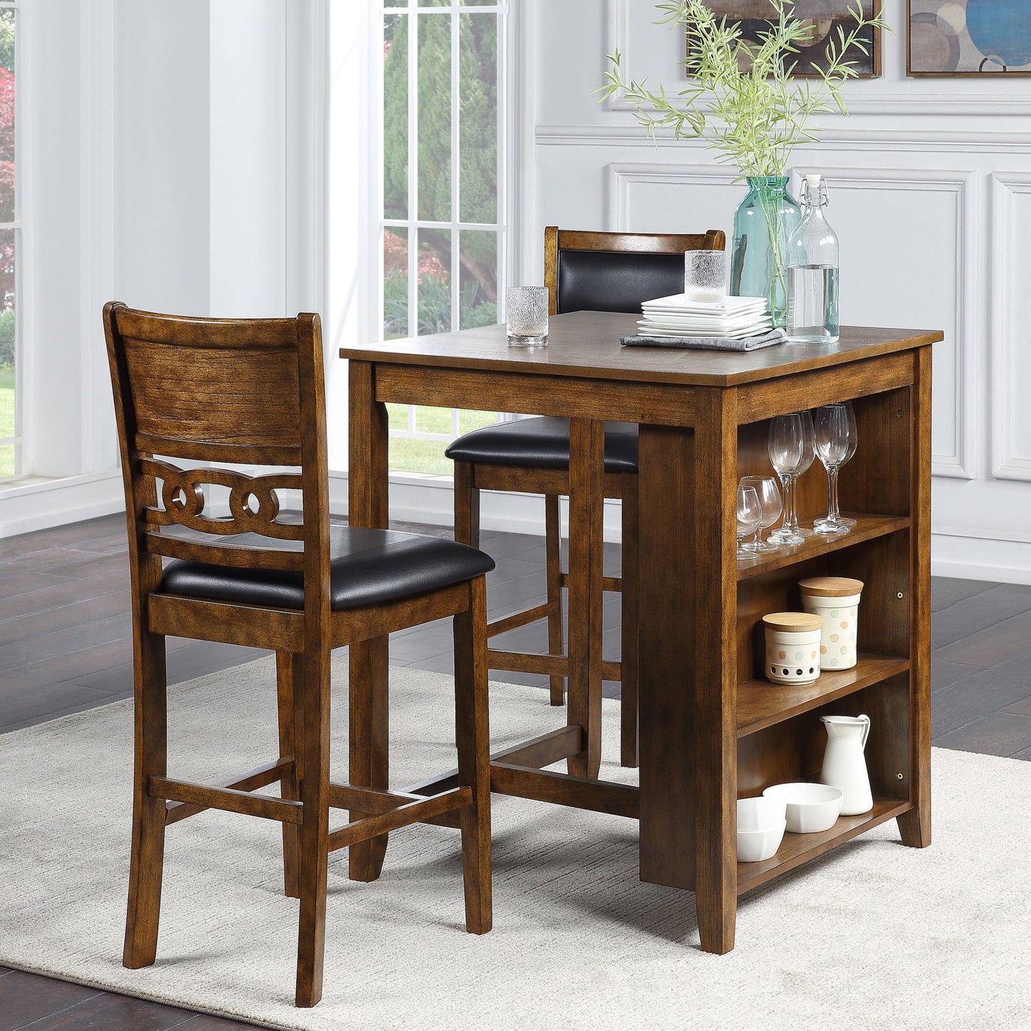 Gia - Counter Table With 2 Chairs & Storage Shelf - Brown