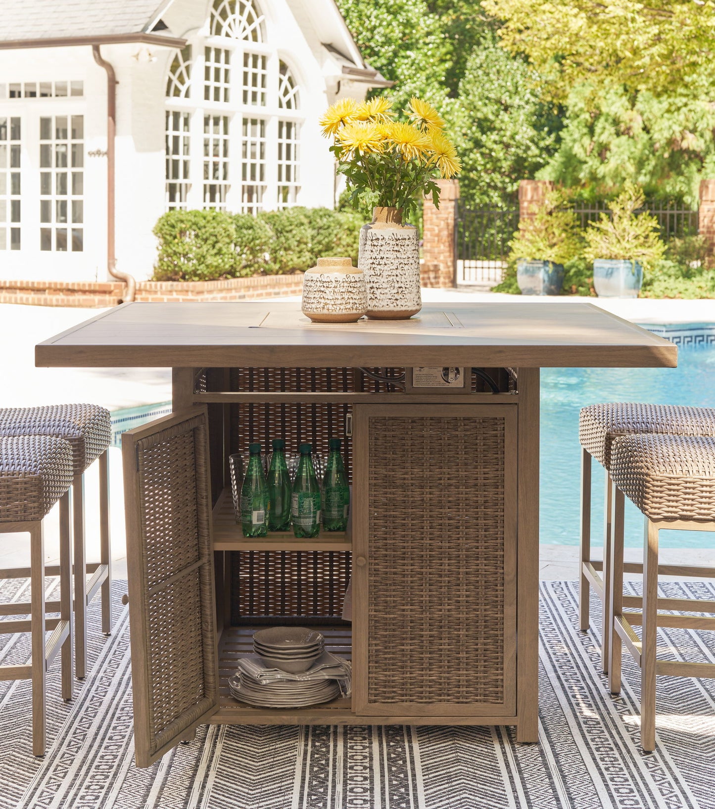 Walton Bridge - Square Bar Table W/Fire Pit - Driftwood