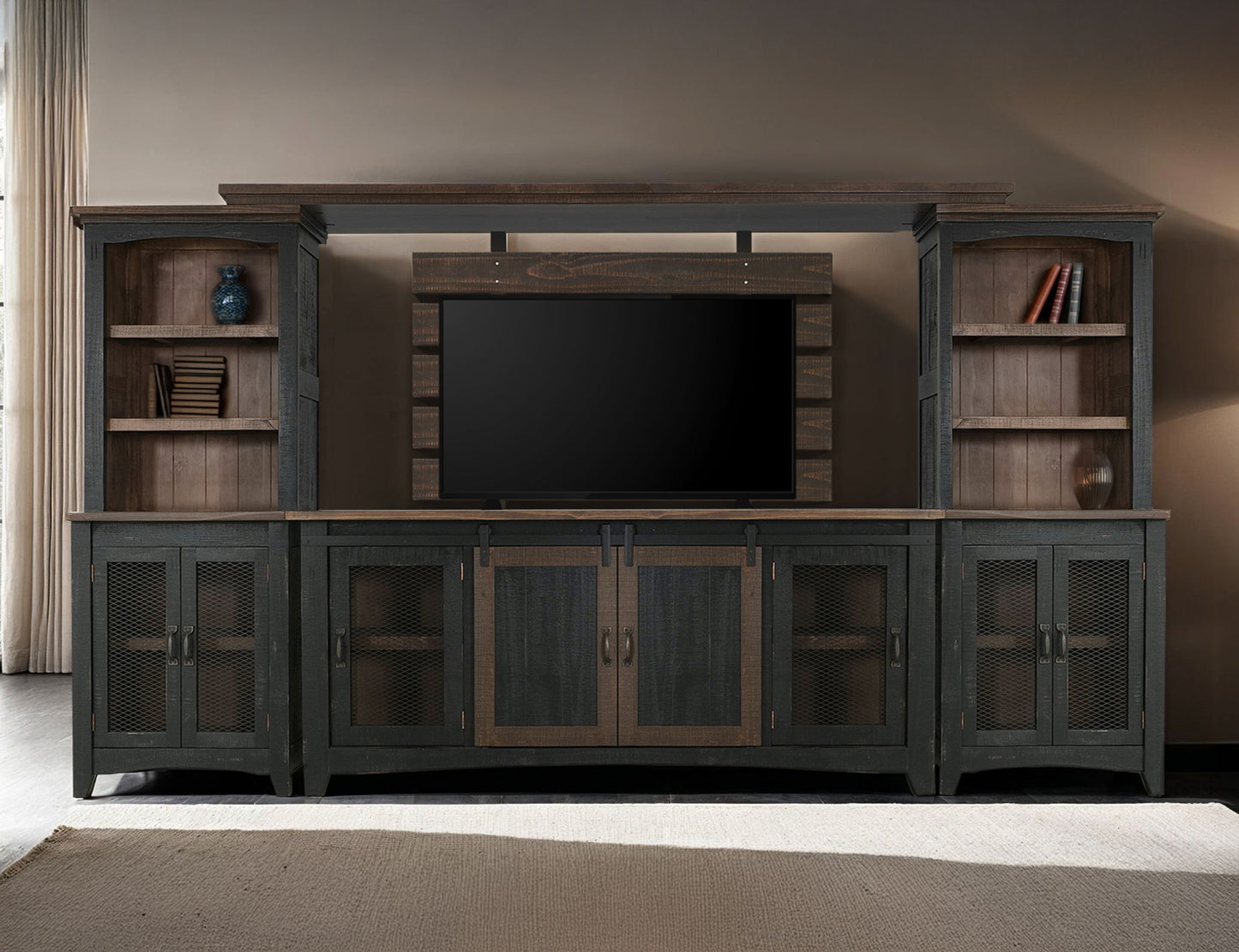 Pueblo Black - TV Stand / Console / Wall Unit - Black / Medium Brown