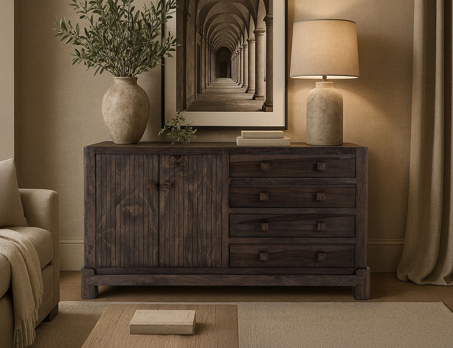 Atenas - Console With 4 Drawer And 2 Doors - Dark Brown