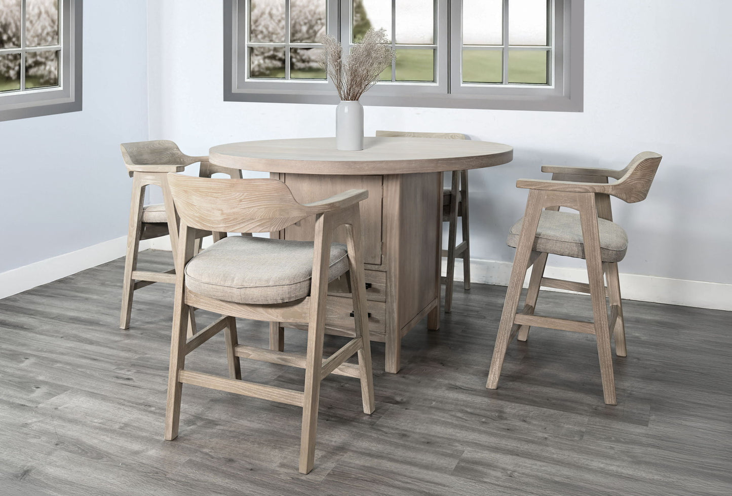 Round 5 Piece Dining Set With Built-in Storage Cabinet And Drawers - Wheat