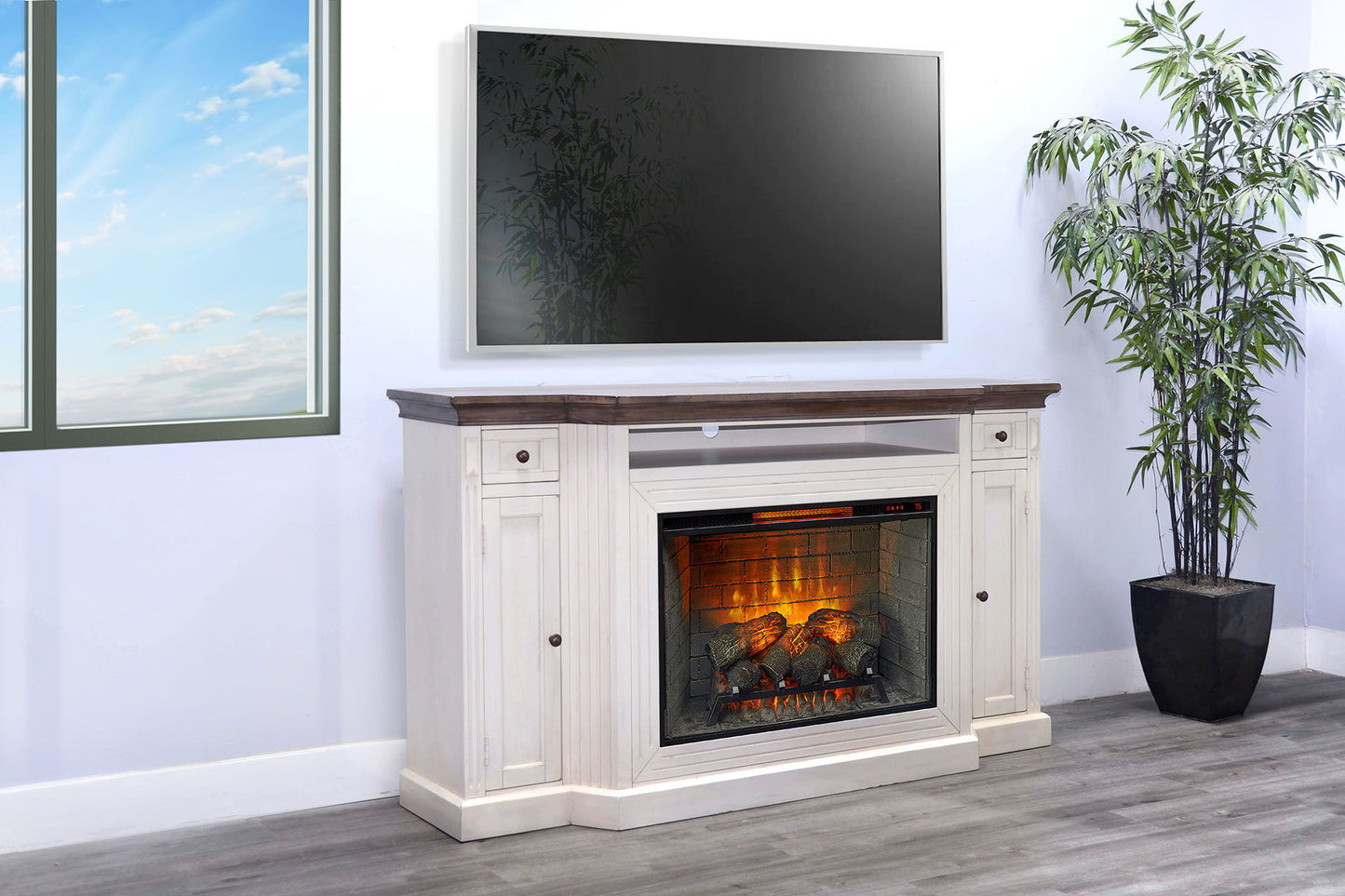 Media Console With Electric Fireplace - Buckskin / White