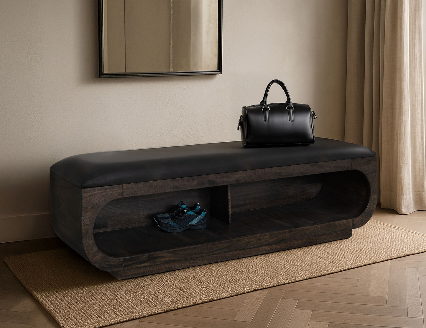 Balam - Wooden Bench With Cushioned Seat - Oil Black