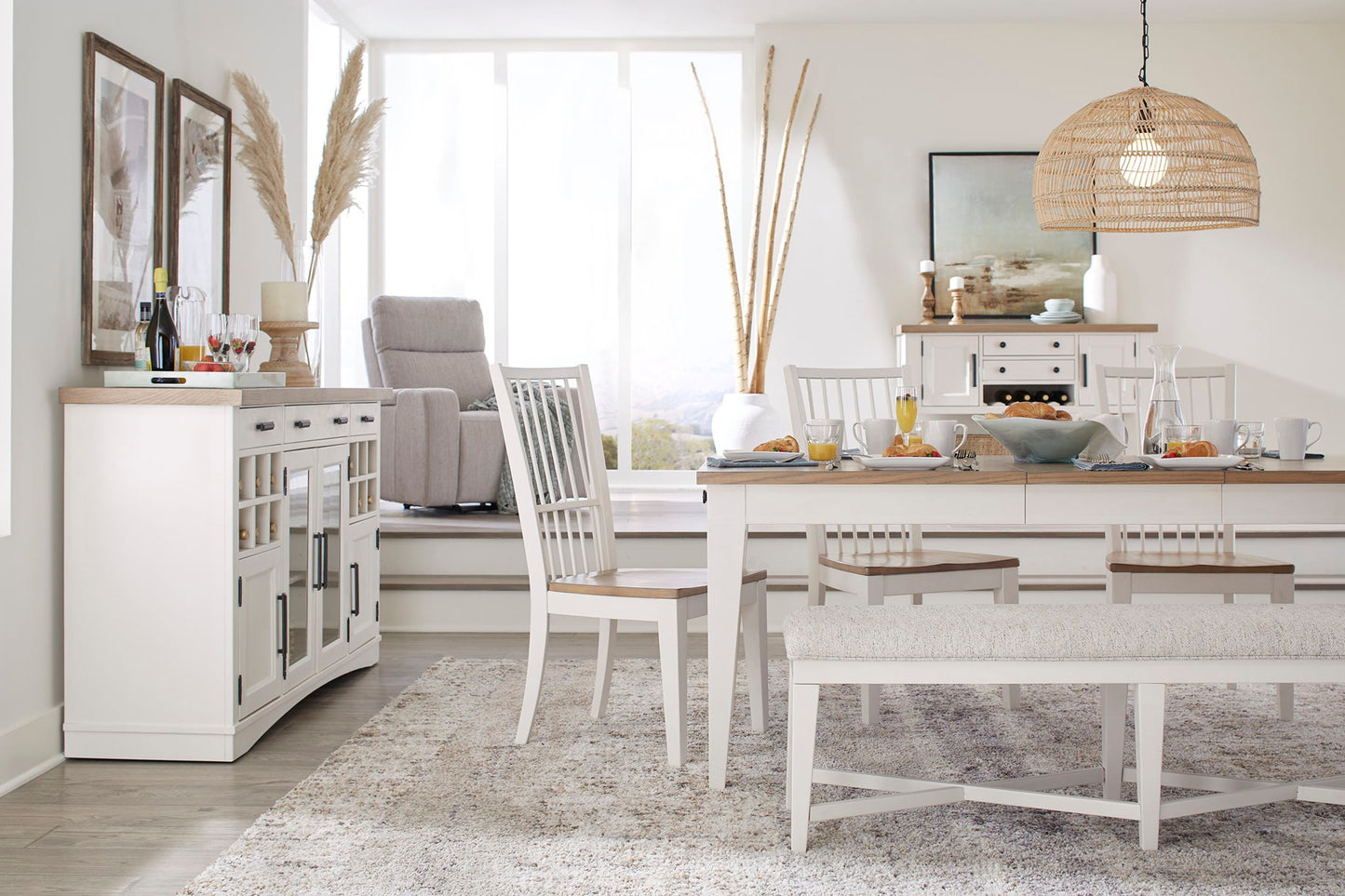 Americana Modern Dining - Rectangular Extendable Dining Table With 6 Upholstered Dining Chairs - Light Brown