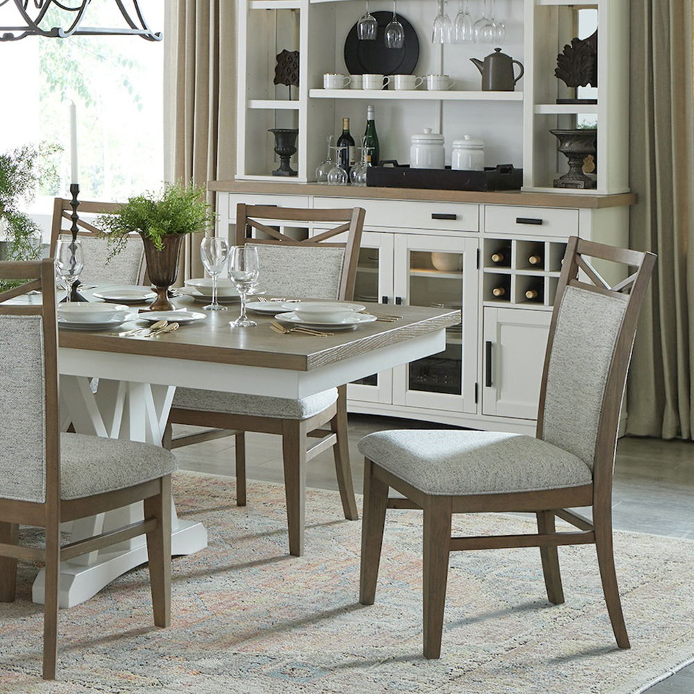 Americana Modern Dining - Extendable Trestle Table With 8 Upholstered Chairs - Cotton
