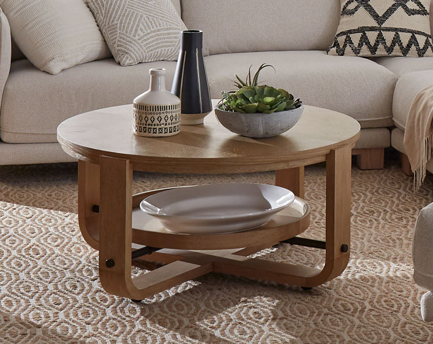 Escape - Cocktail Table Round With Shelf - Glazed Natural Oak / Black Metal Trim