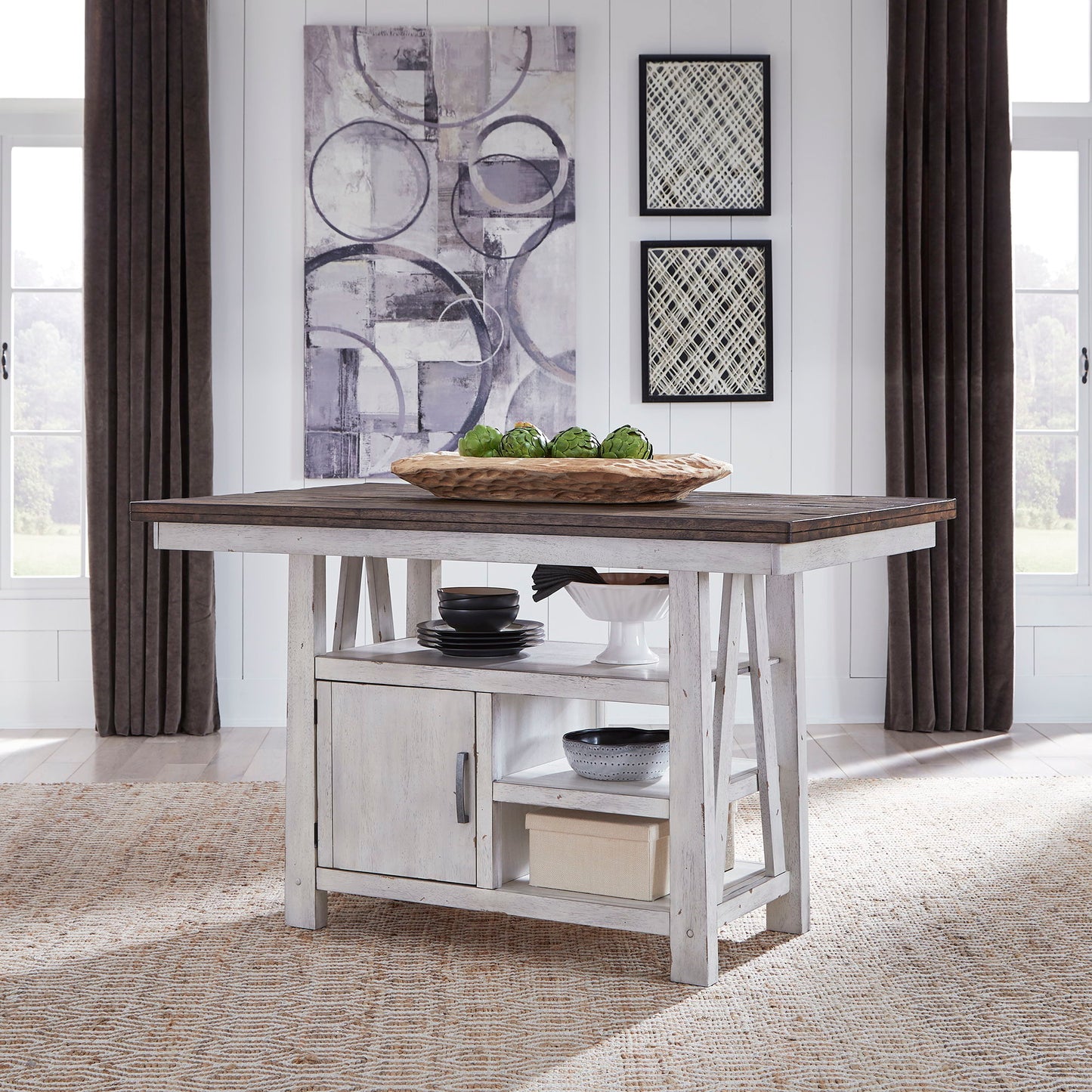 Farmhouse - 5 Piece Gathering Table Set - Two Tone White / Wood Tone