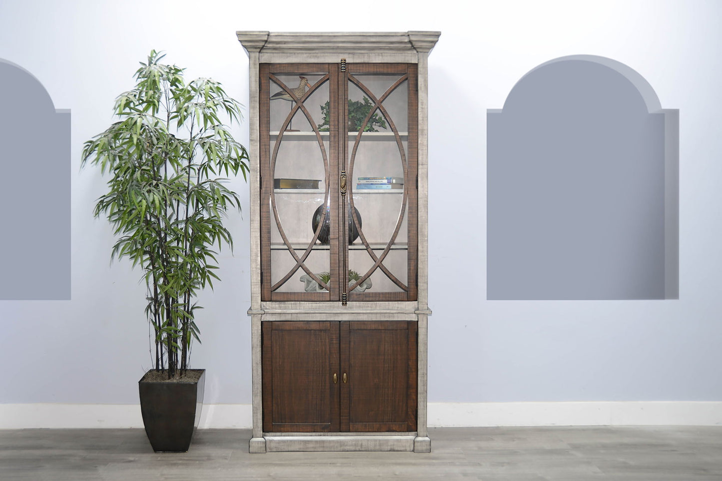 Homestead Hills - Two-Tone Display Cabinet With Glass Doors - Tobacco Leaf / Alpine Gray