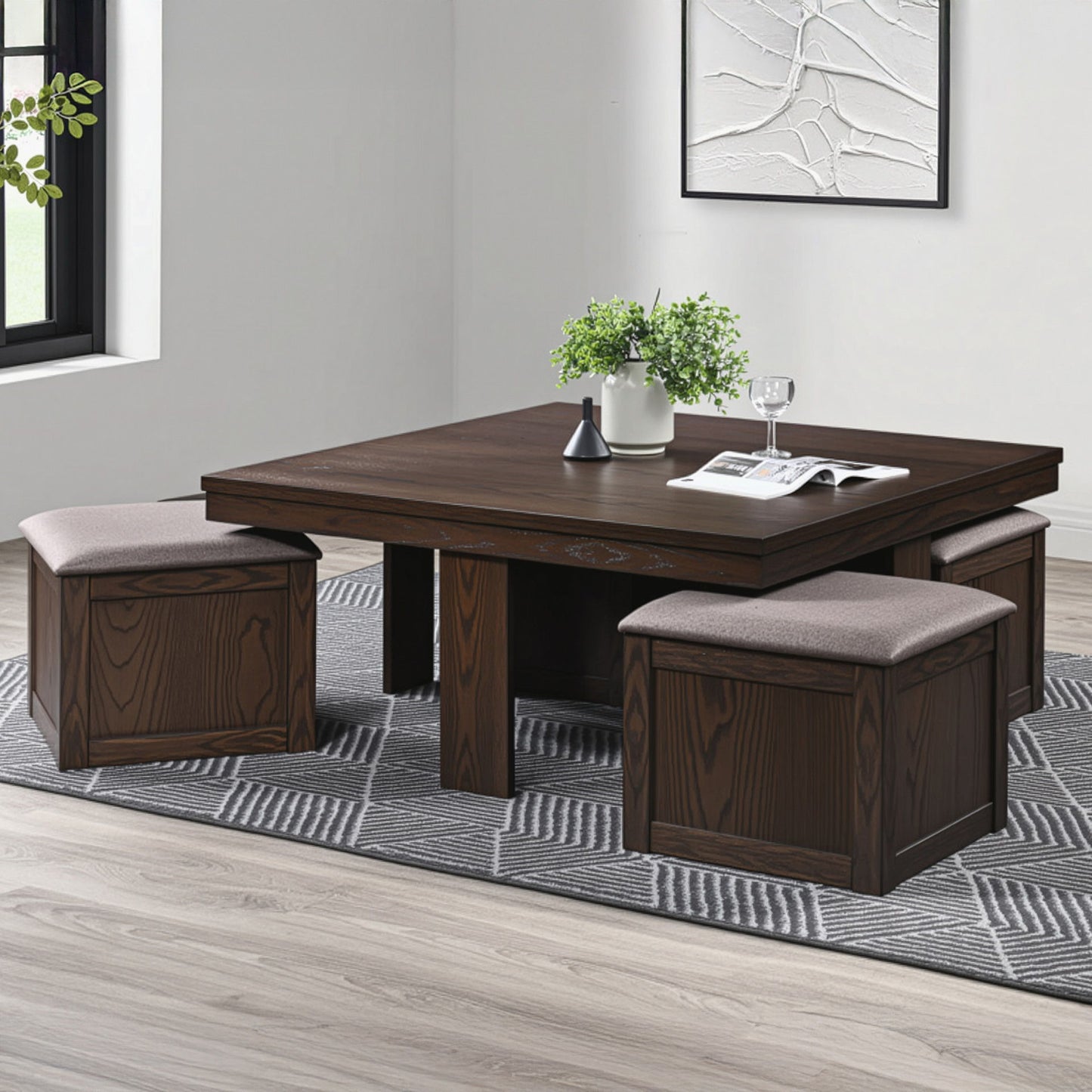 Paxton - 5 Piece Living Room Set (Storage Coffee Table With 4 Tuck-In Ottomans) - Dark Brown