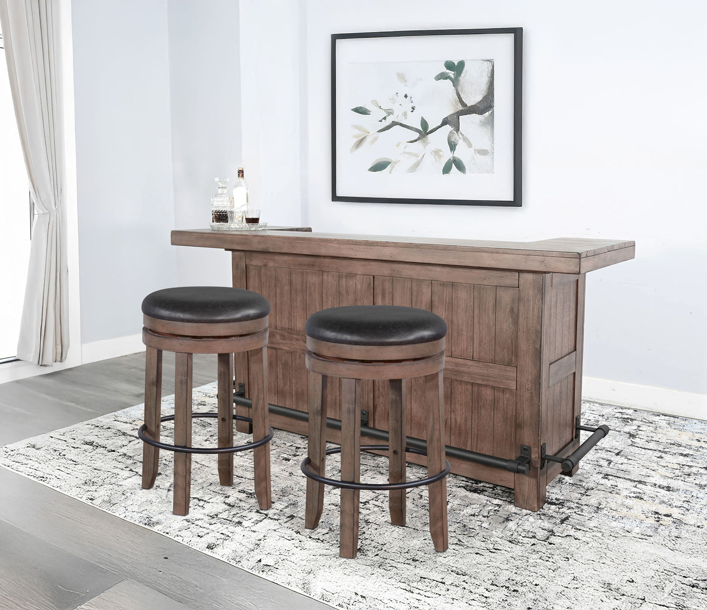 Traditional Wood Home Bar With Backless Stool