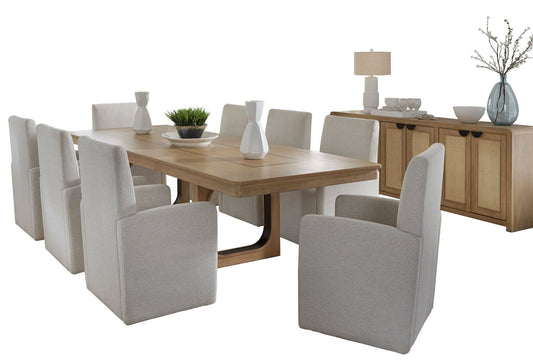 Escape - Dining Rectangular Table With Console And 8 Caster Chairs - Glazed Natural Oak Black Metal Trim