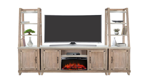 120" Media Wall With Electric Fireplace - Light Gray / Wheat