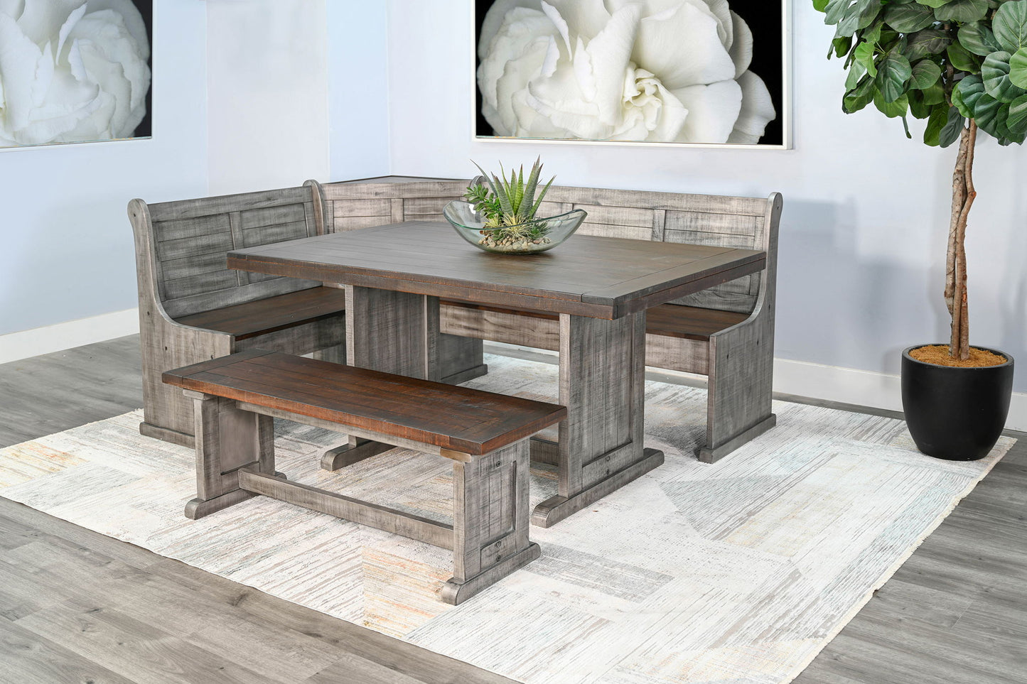 Homestead Hills - Wood Breakfast Nook Dining Set - Tobacco Leaf / Alpine Gray