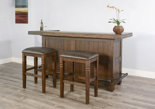 80" Traditional Wood Home 3 Piece Bar Set With Rectangular Backless Stools - Tobacco Leaf
