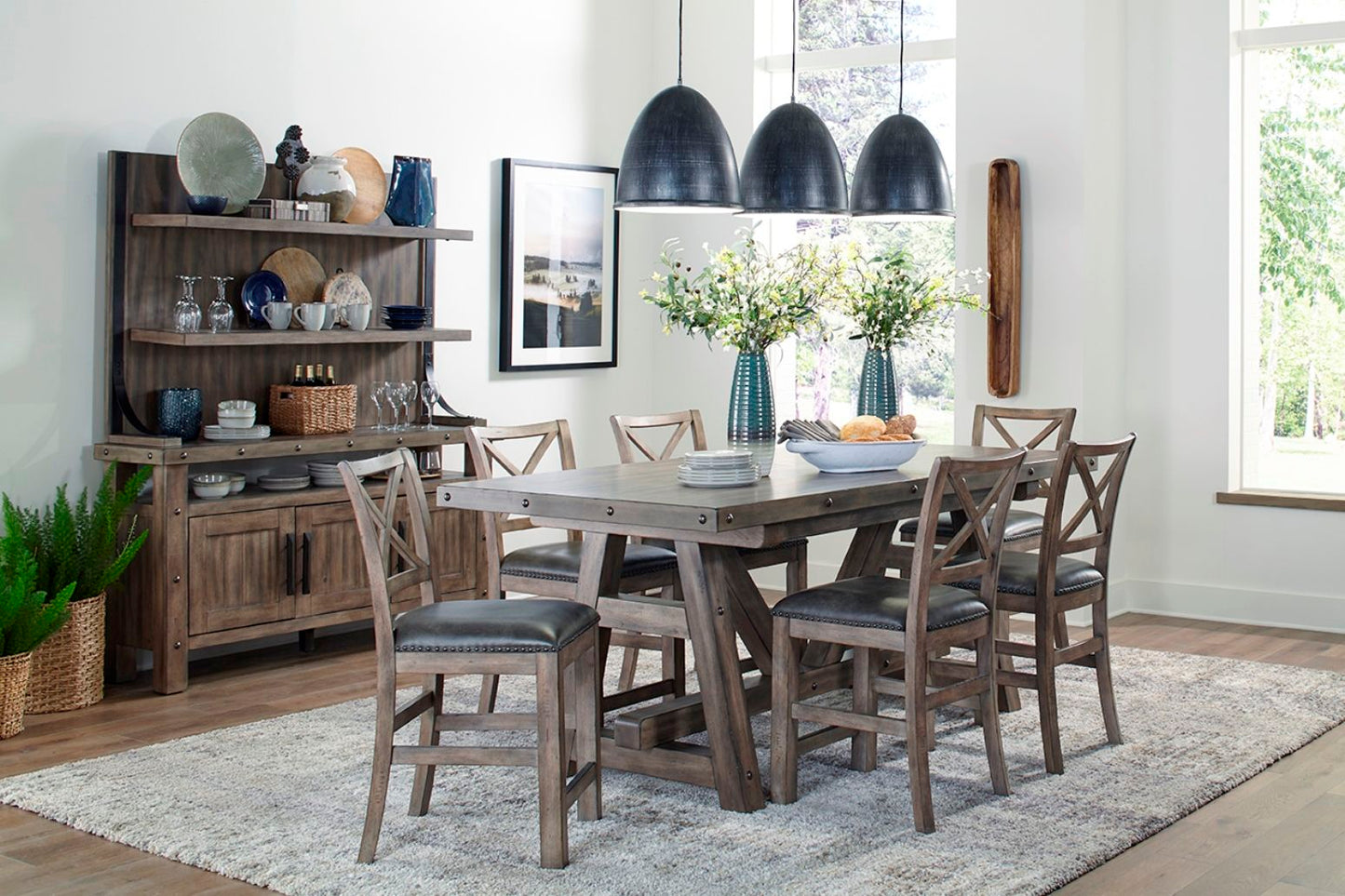 Lodge Dining - Upholstered “X” Back Counter Chair (Set of 2) - Siltstone