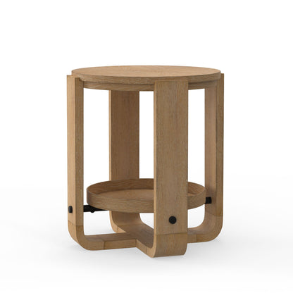 Escape - Round End Table With Shelf - Glazed Natural Oak / Black Metal Trim