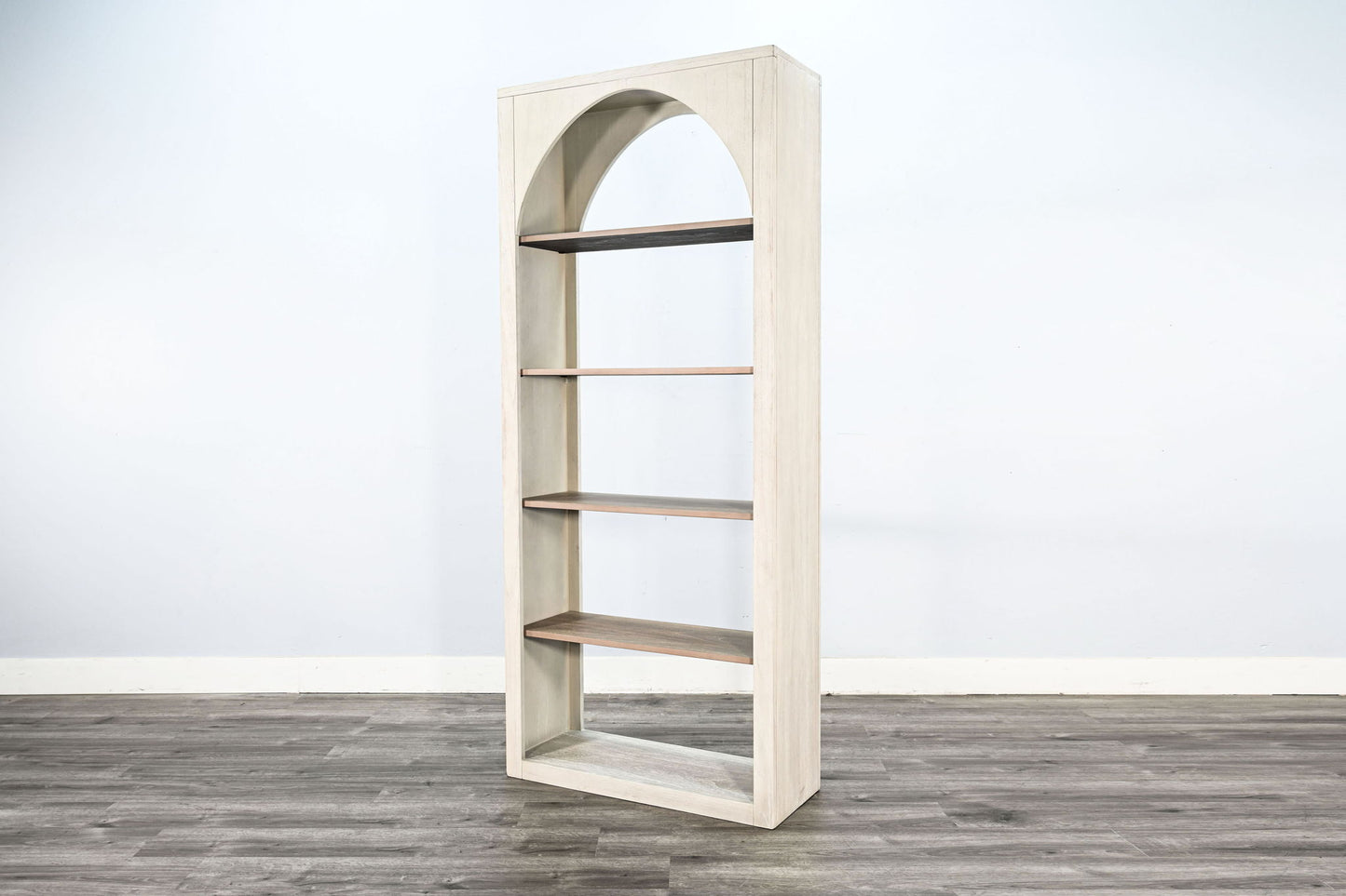 Tall Arched Wood Bookshelf With Open Shelving