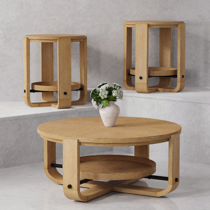 Escape - 3 Piece Occasional Table Set - Glazed Natural Oak / Black Metal Trim