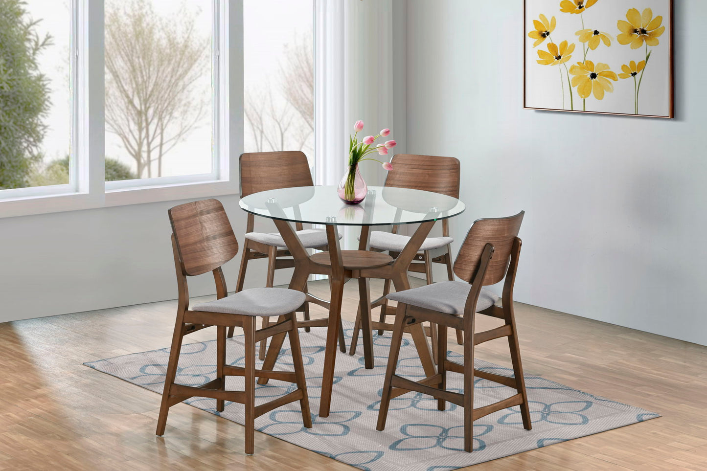 Oscar - Round Glass Counter Table With 4 Gray Cushion Chairs - Brown / Gray