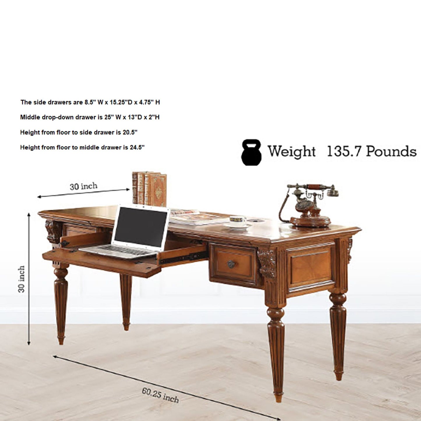 Huntington - Writing Desk - Antique Vintage Pecan