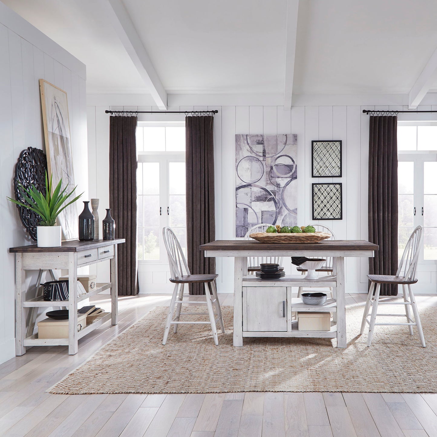 Farmhouse - 5 Piece Gathering Table Set - Two Tone White / Wood Tone