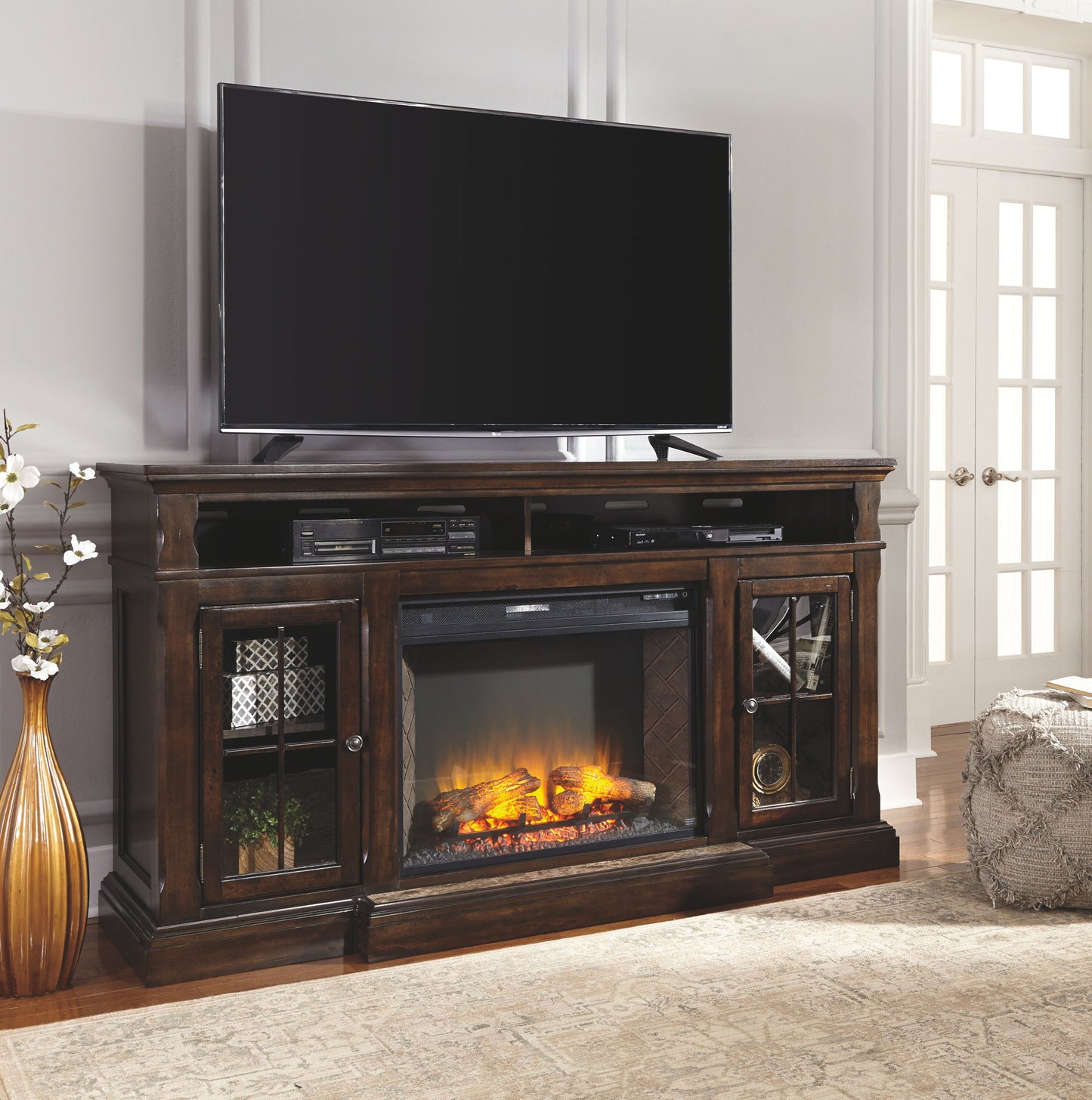 Roddinton - XL TV Stand w/Fireplace Option - Dark Brown