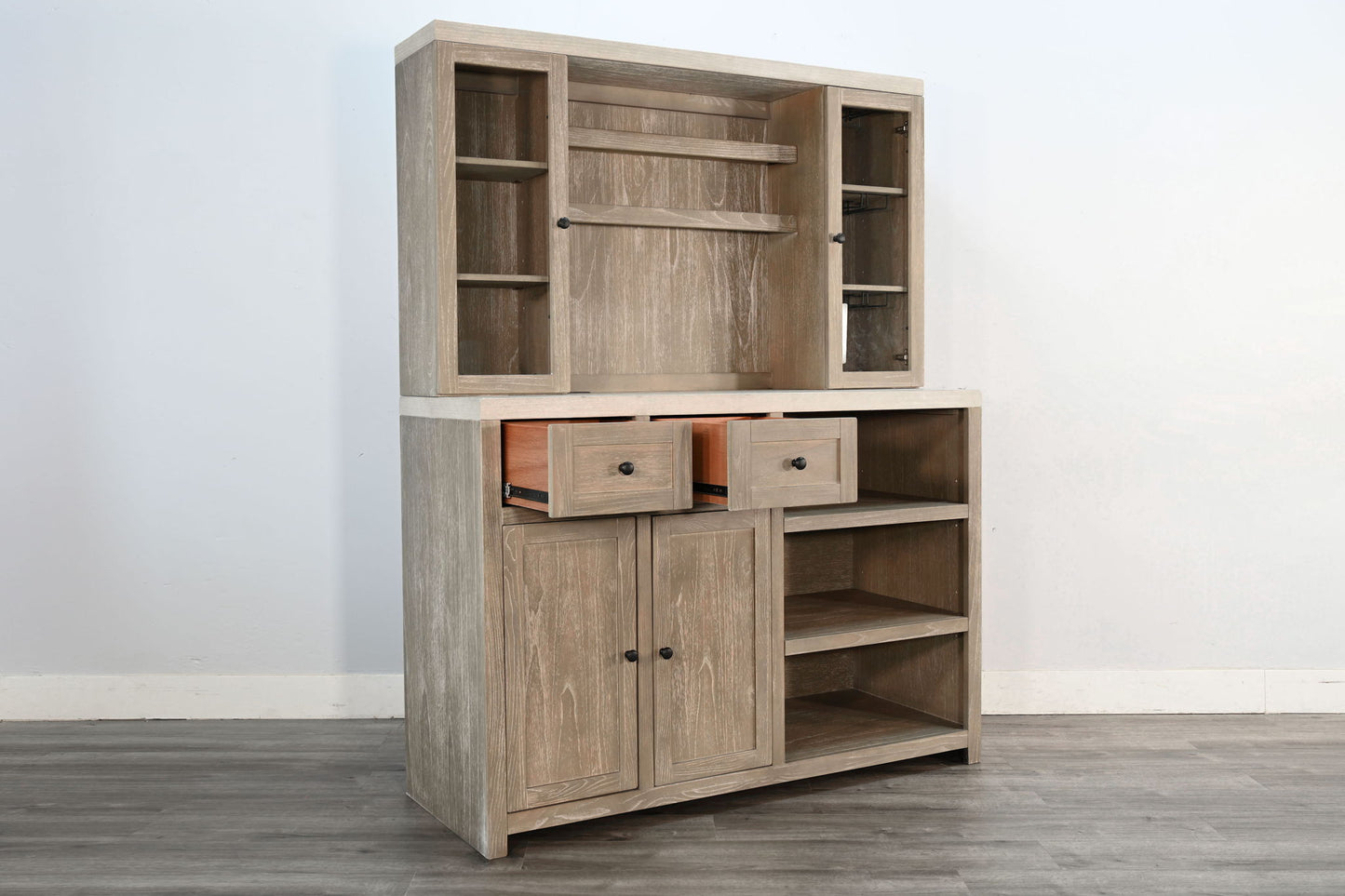 Rustic Wood Bar Cabinet With Hutch - Light Gray / Wheat