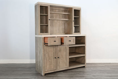 Rustic Wood Bar Cabinet With Hutch - Light Gray / Wheat