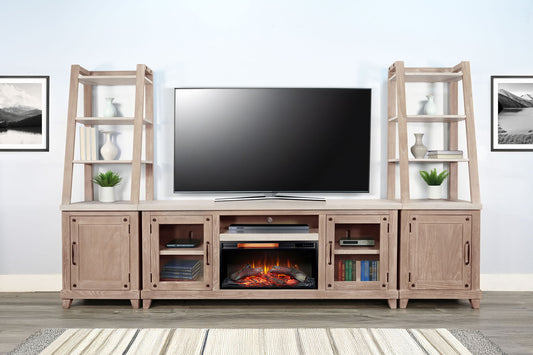 120" Media Wall With Electric Fireplace - Light Gray / Wheat
