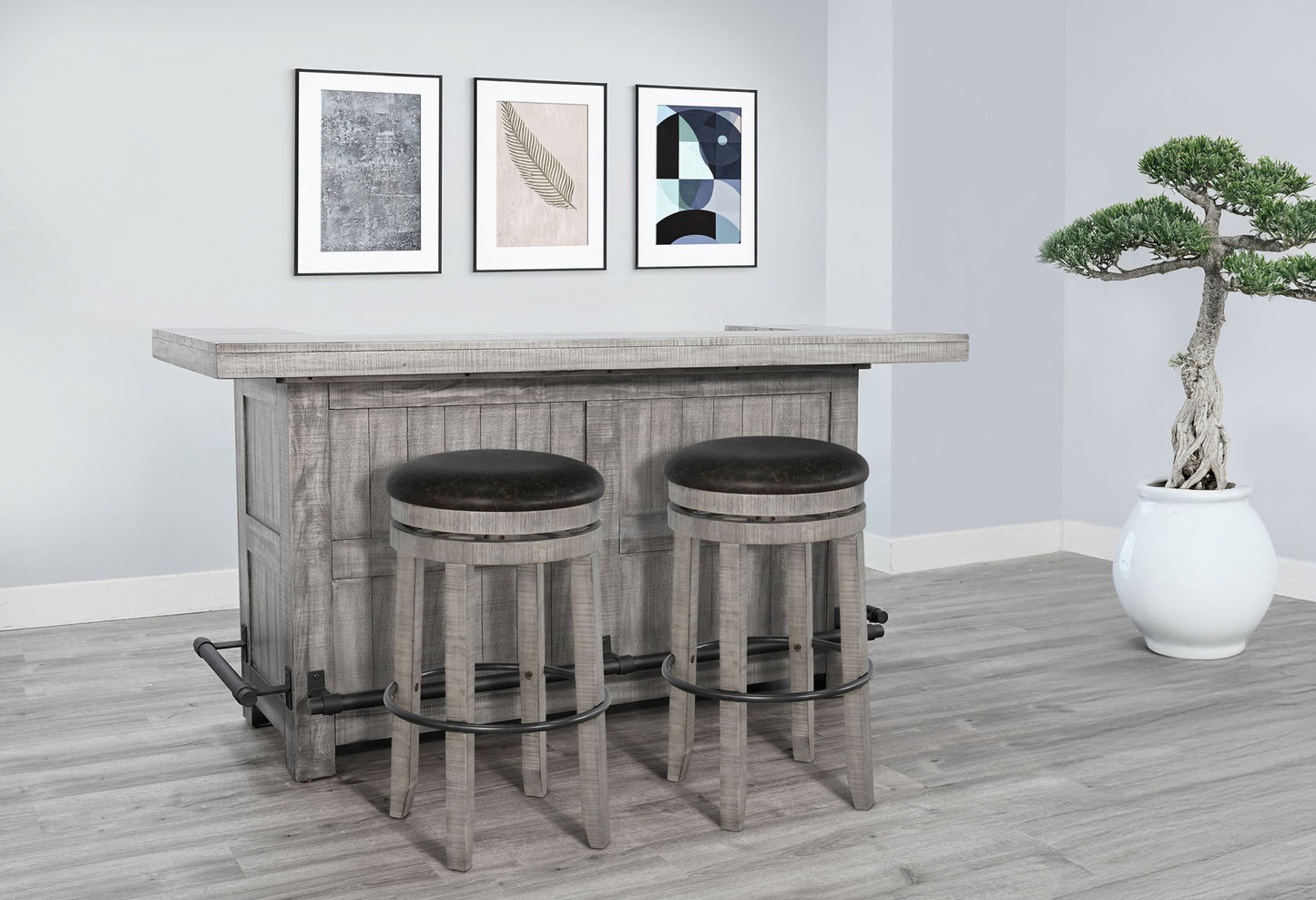 Traditional Wood Home Bar With Backless Stool