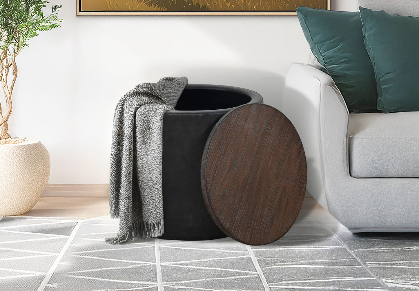Malibu - Round Storage Ottoman With Wood Lid - Weathered Rum