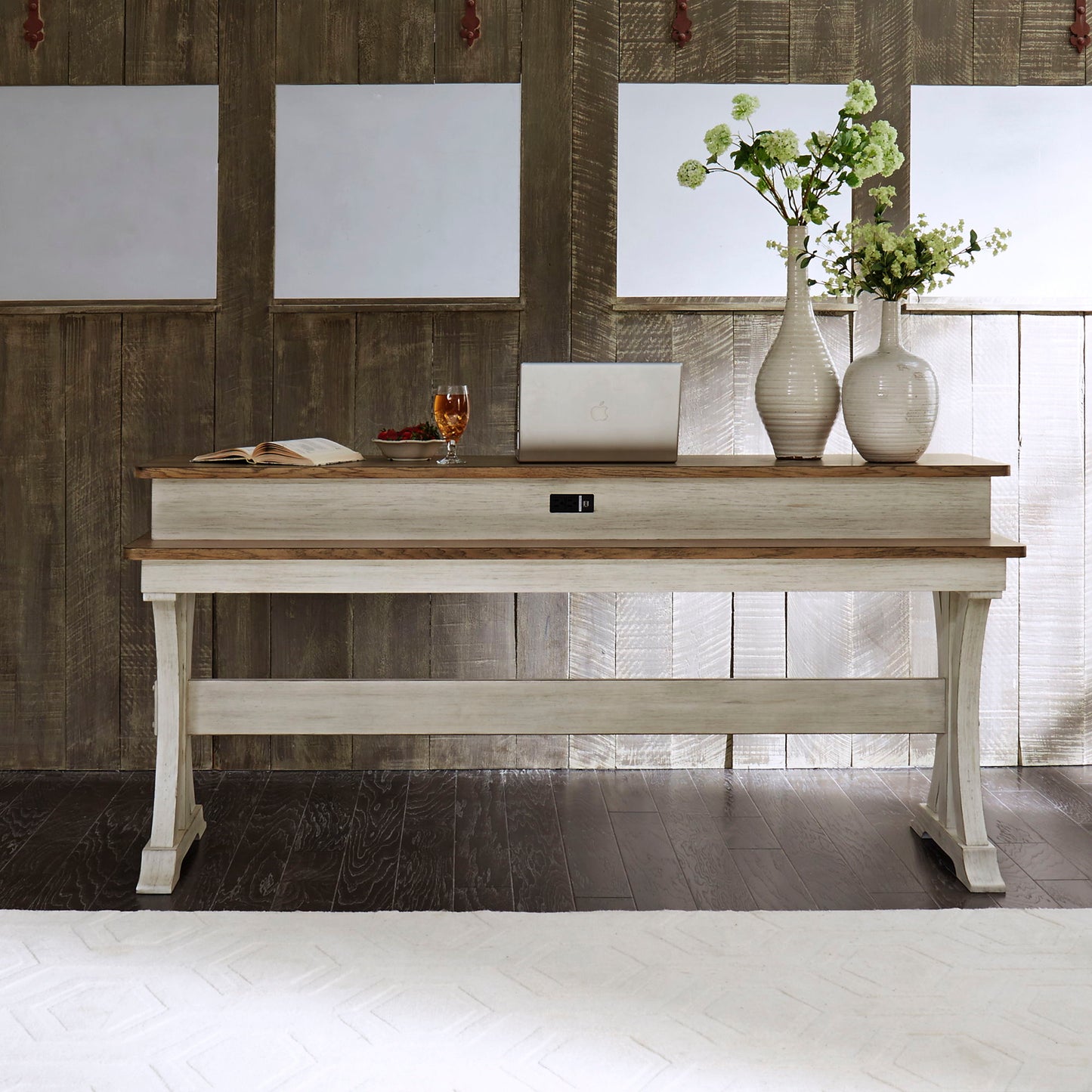 Farmhouse Reimagined - Console Bar Table - Antique White / Chestnut Tops