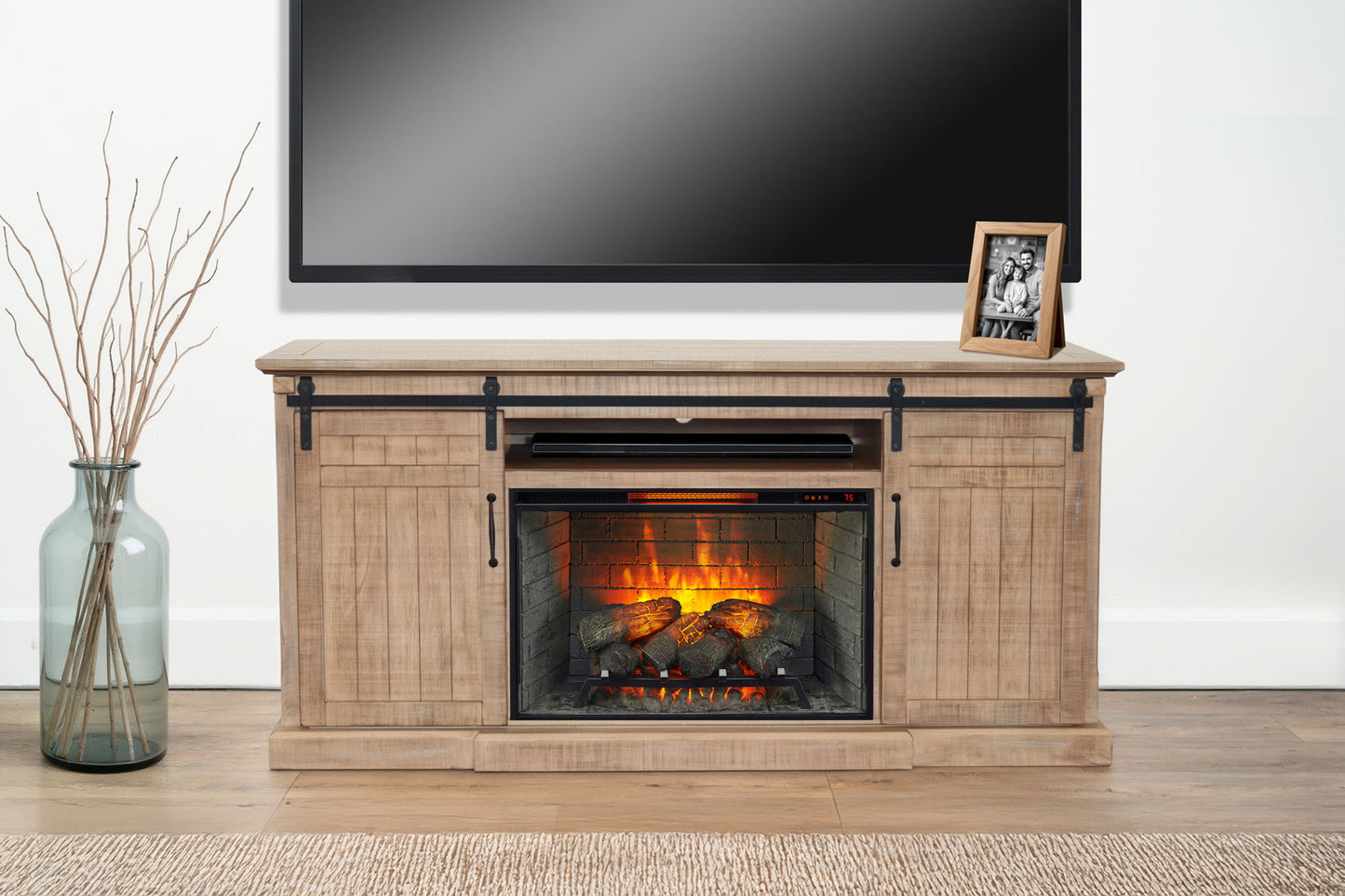 78" Barn Door Media Console With Electric Fireplace