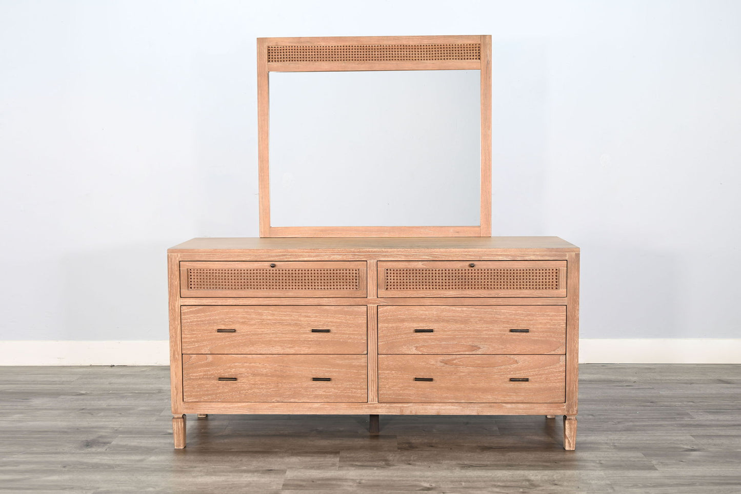 Natural Wood 6-Drawer Dresser With Rattan Accents