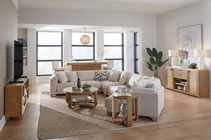 Escape - Round End Table With Shelf - Glazed Natural Oak / Black Metal Trim