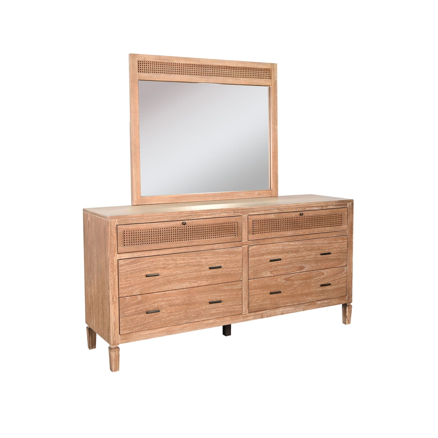 Natural Wood 6-Drawer Dresser With Rattan Accents