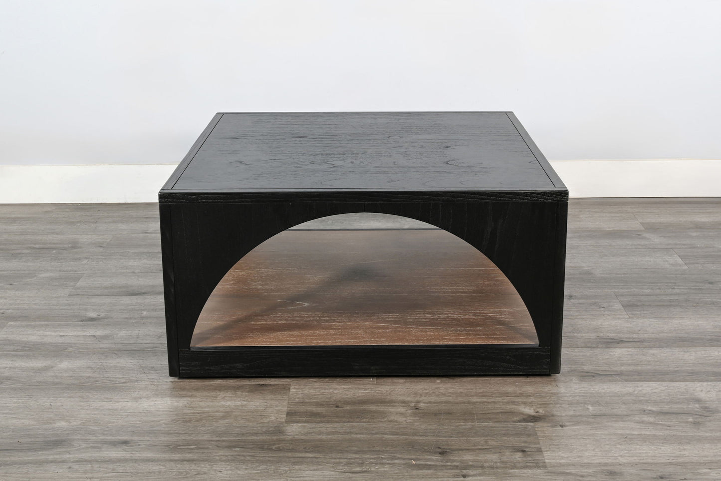 Modern Wood Coffee Table With Arched Open Shelf Design And Casters - Umbra / Oak Grove