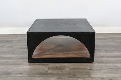 Modern Wood Coffee Table With Arched Open Shelf Design And Casters - Umbra / Oak Grove
