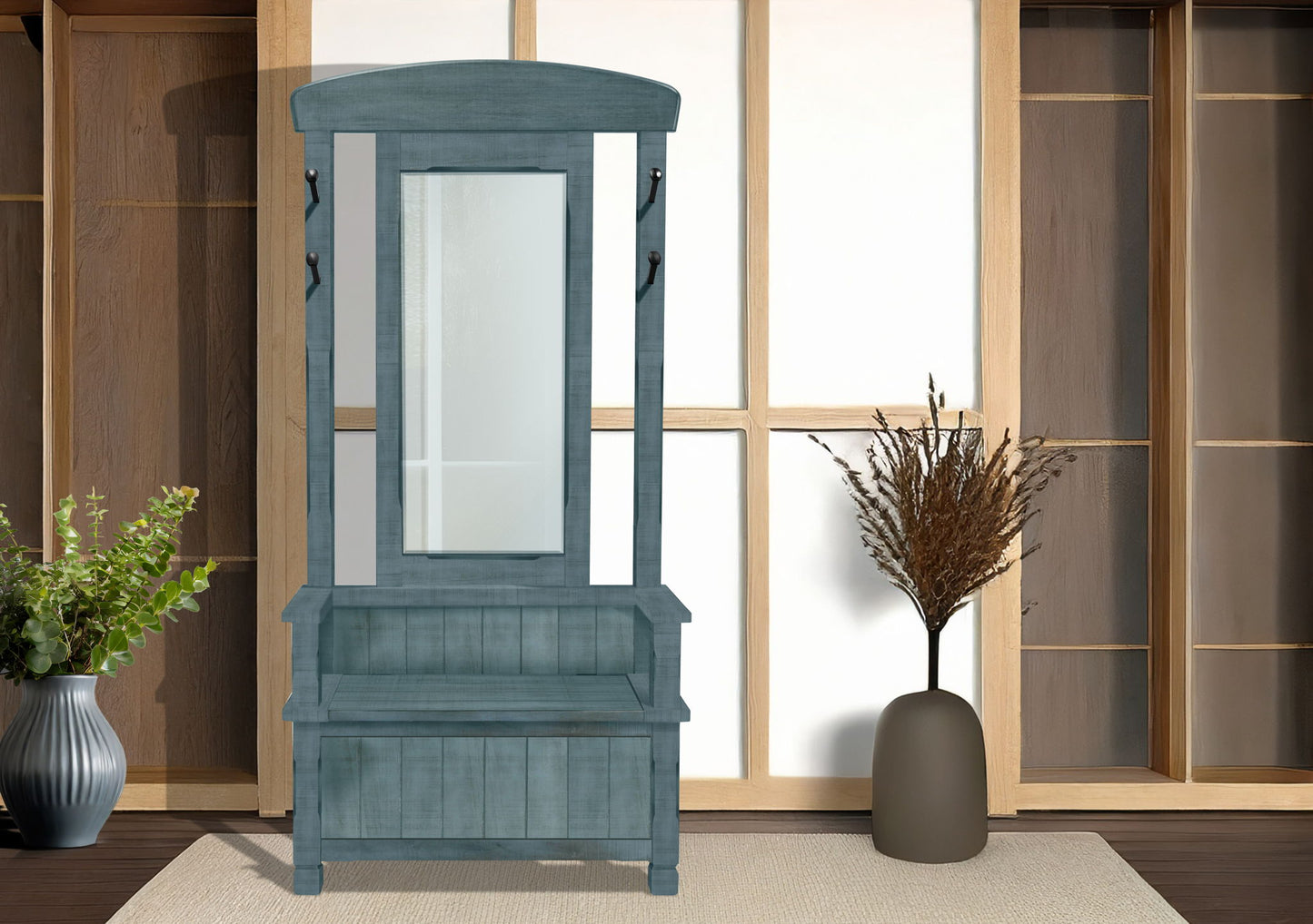 4-Hook Farmhouse Wood Hall Tree - Little Boy Blue
