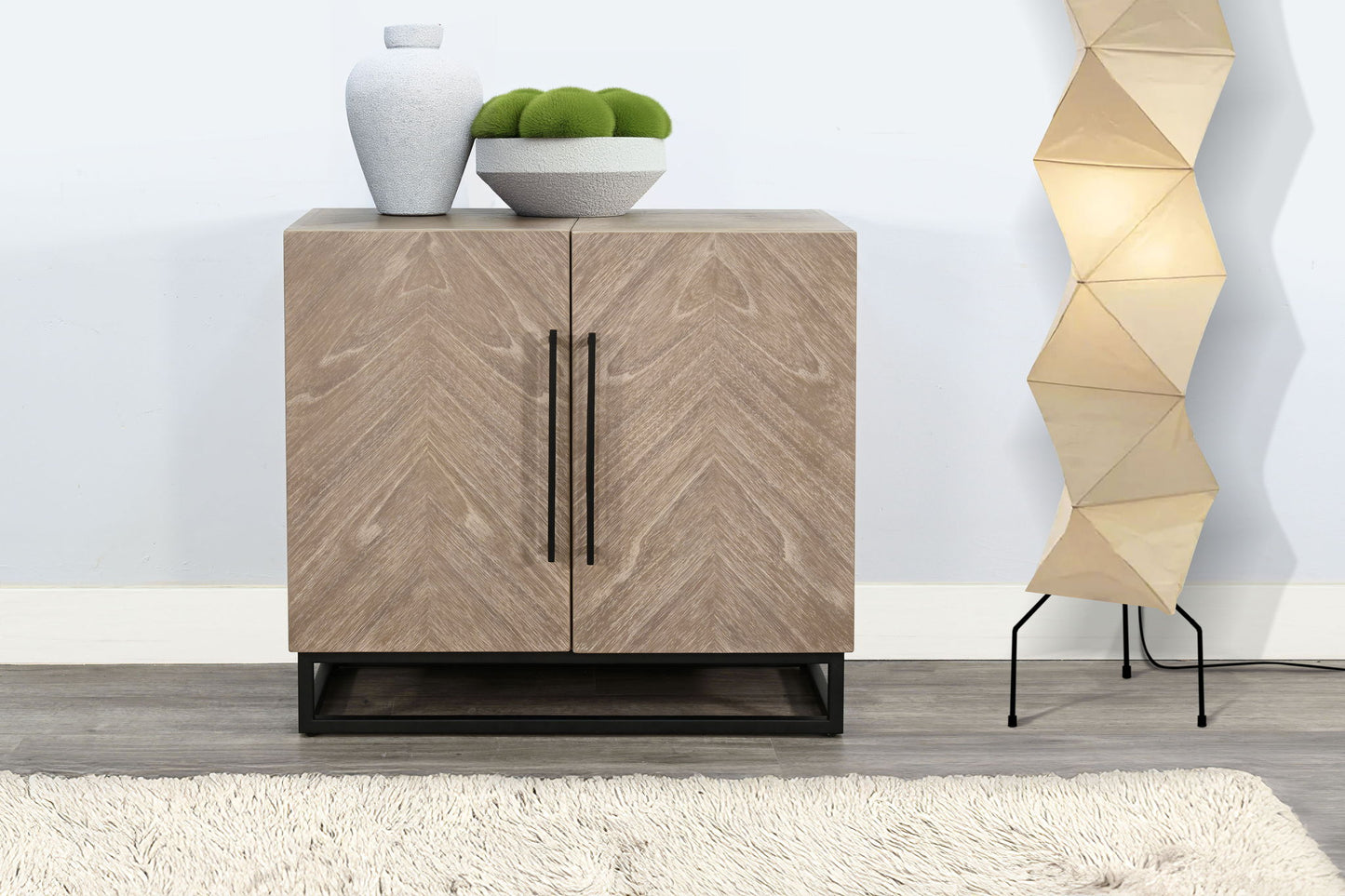Wood Accent Cabinet With Chevron Doors And Metal Base - Wheat