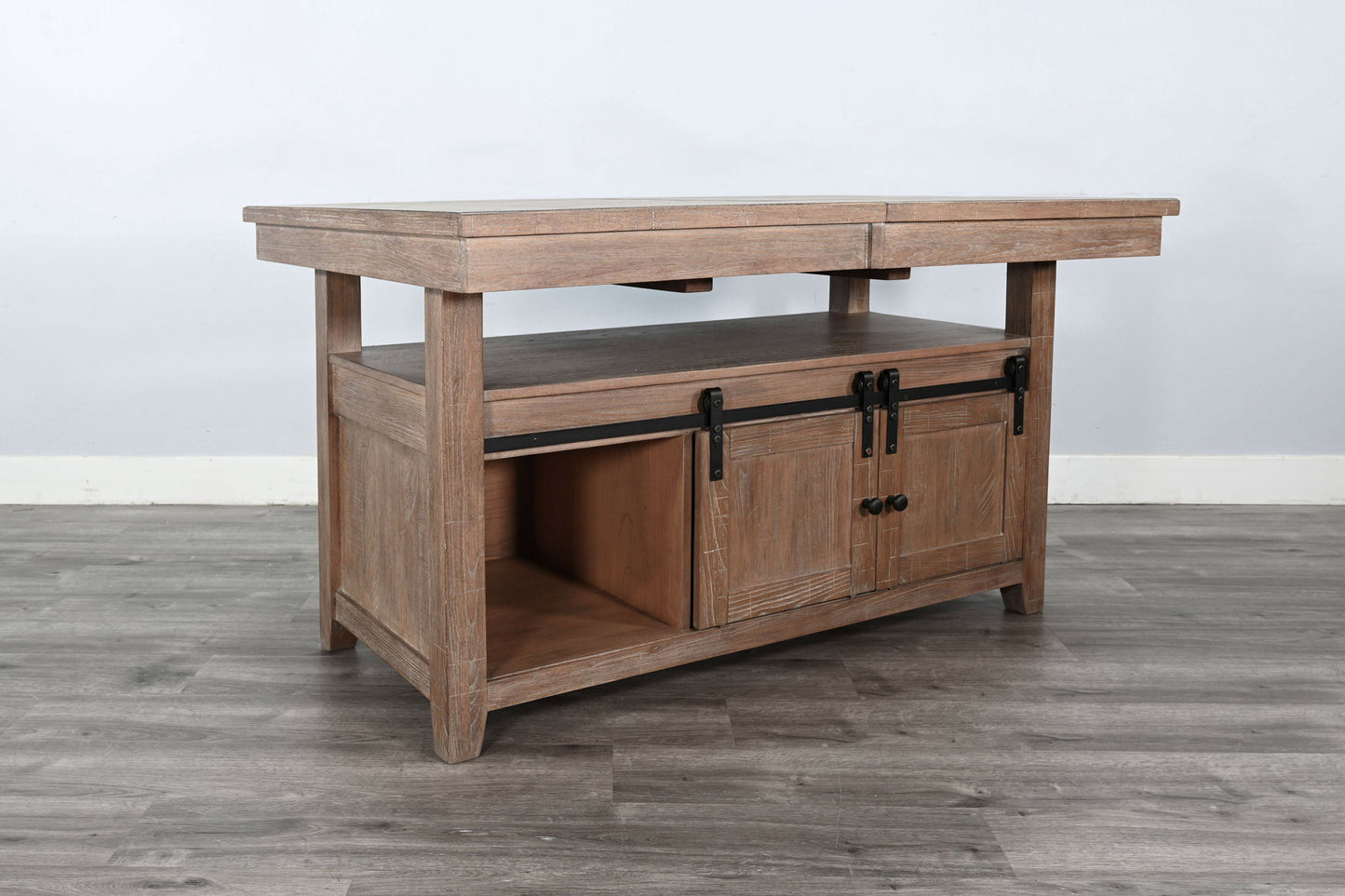 Rustic Counter-Height Extension Dining Table With Barn Door Storage - Amber