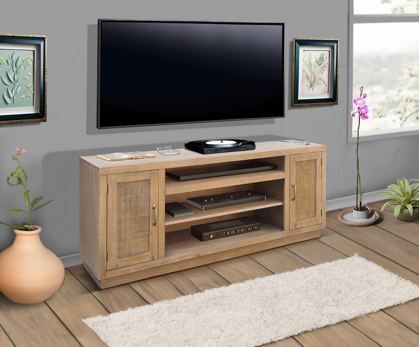 78" Cane Media Console With Faux Crystals Electric Fireplace Insert
