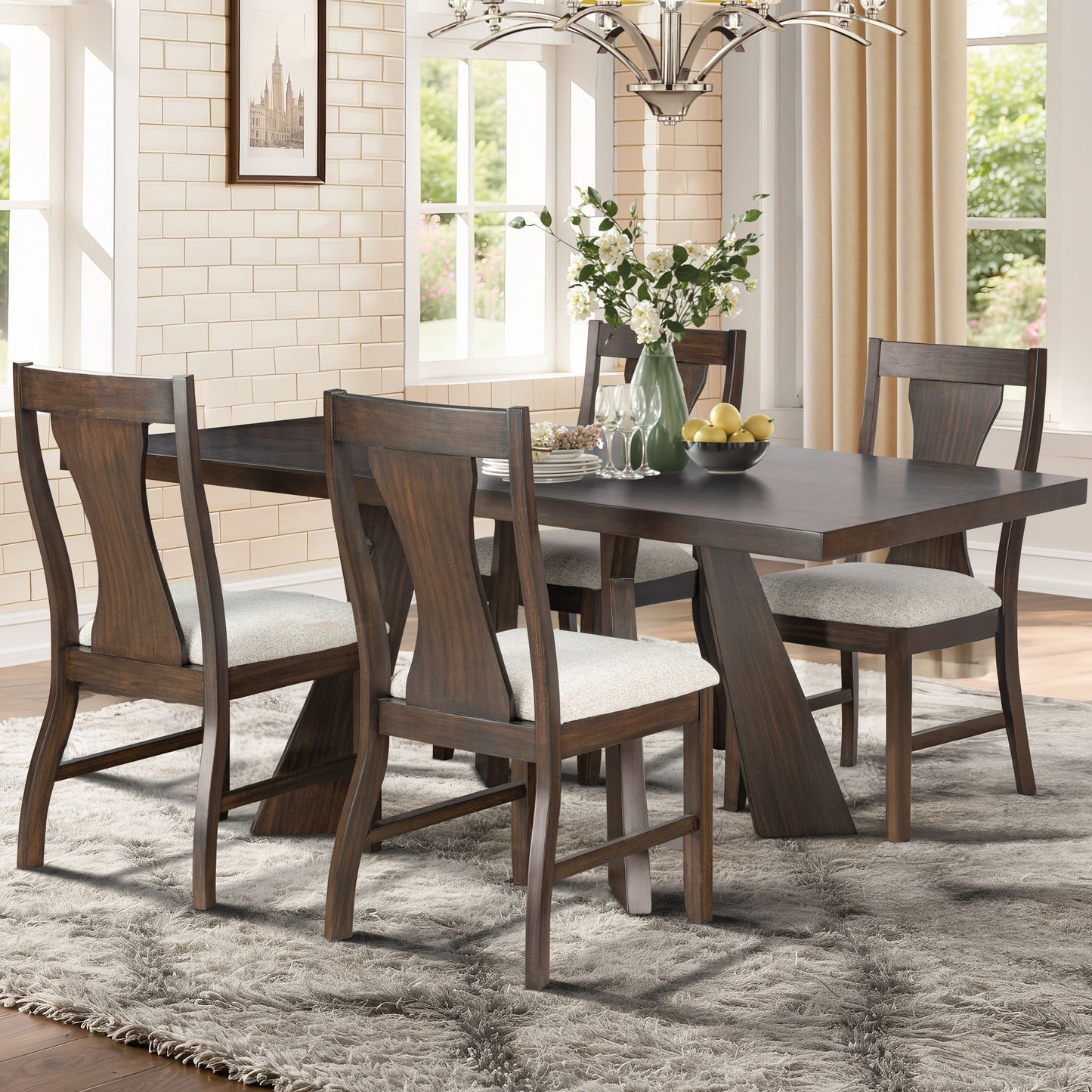 Chestnut Ridge - 5 Piece Dining Room Set (Round 72" Table & 4 Chairs) - Brown / Beige