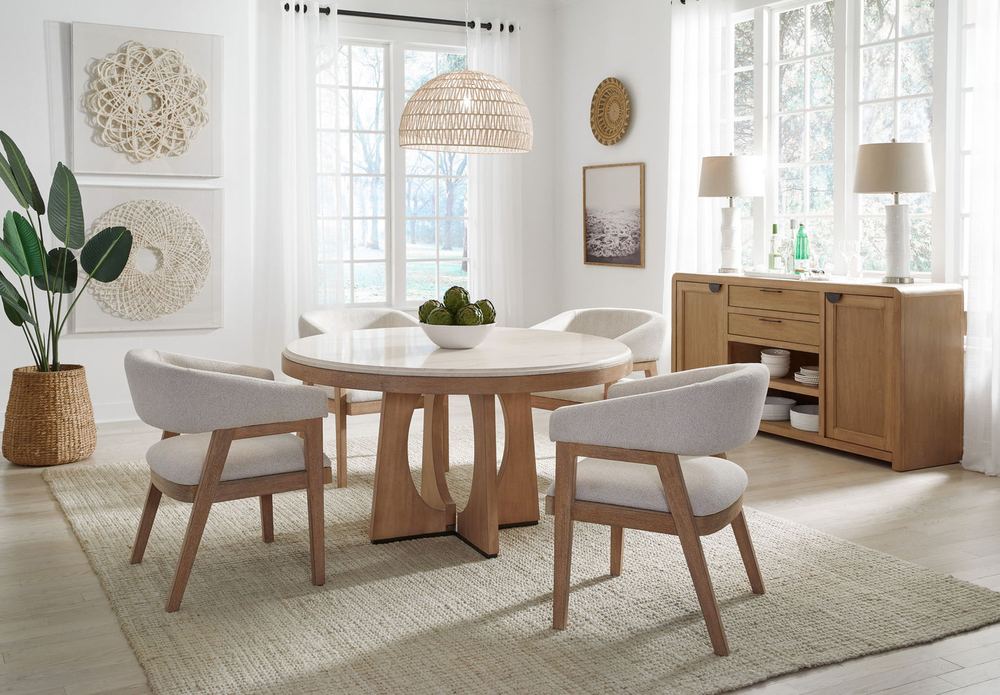 Escape - Dining Buffet Server With Stone Top - Glazed Natural Oak / Natural Cane / Vanilla Bean Stone