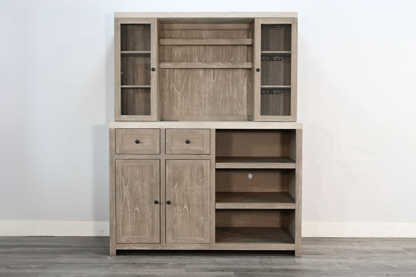 Rustic Wood Bar Cabinet With Hutch - Light Gray / Wheat