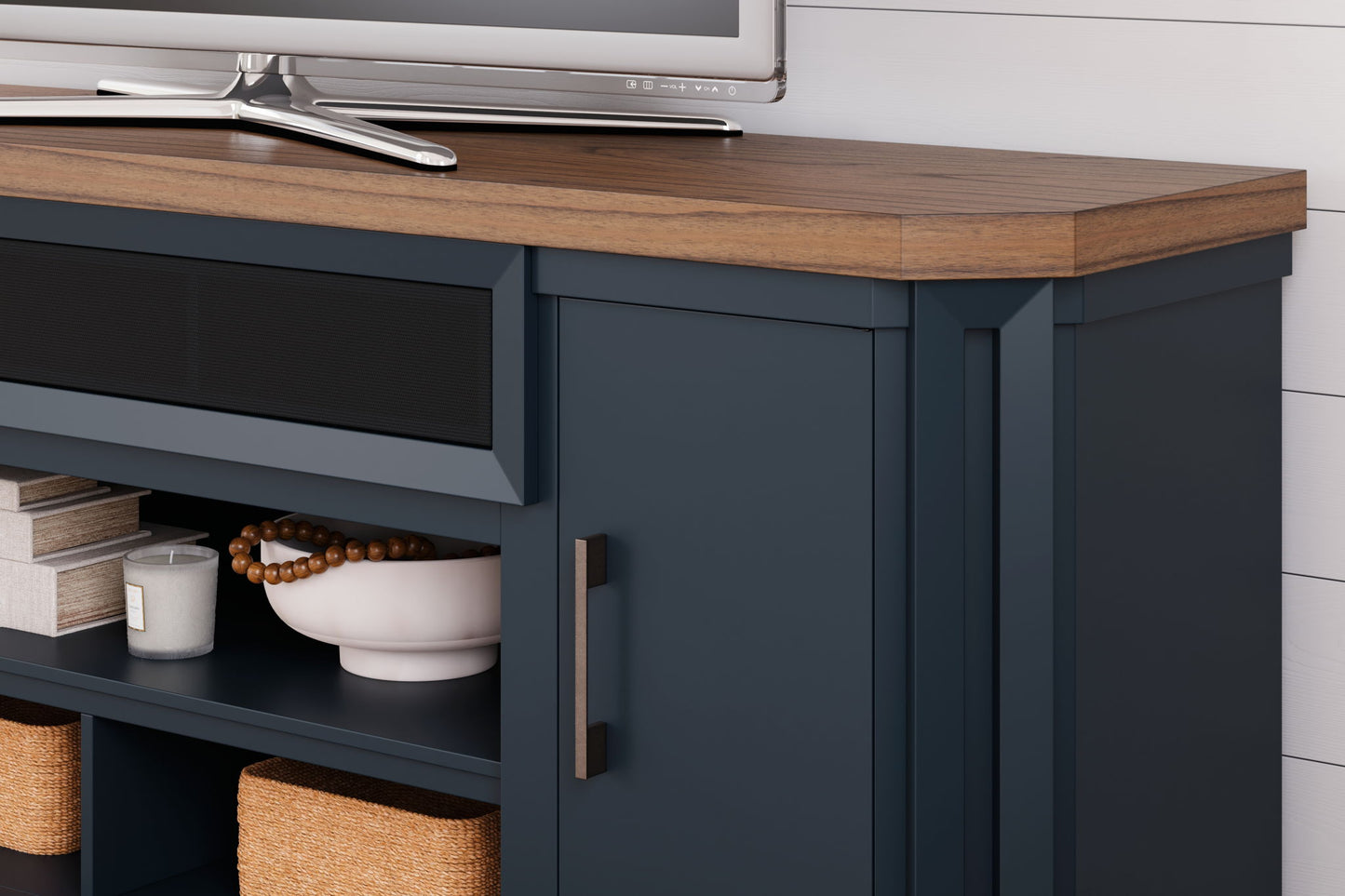 Landocken - XL TV Stand W/Fireplace Option - Brown / Blue